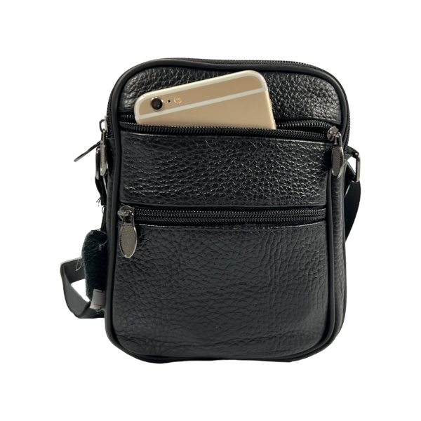 Сумка через плечо из натуральной кожи, 5 отделов, застежка на молнии, черная Сумка через плечо из натуральной кожи, 5 отделов, застежка на молнии, черная