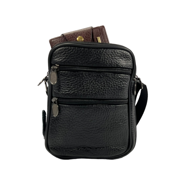 Сумка через плечо из натуральной кожи, 5 отделов, застежка на молнии, черная Сумка через плечо из натуральной кожи, 5 отделов, застежка на молнии, черная