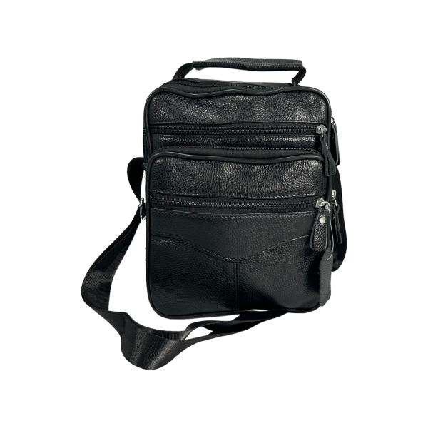 Кожаная сумка через плечо на пять отделений, 5 л, функциональная, черная
