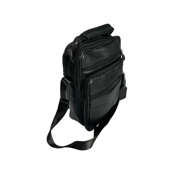 Кожаная сумка через плечо на пять отделений, 5 л, функциональная, черная Кожаная сумка через плечо на пять отделений, 5 л, функциональная, черная