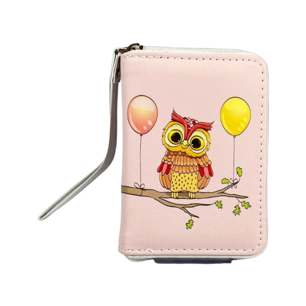 Дитячий гаманець на два віділеня для купюр, рожевий принт сова