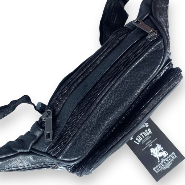 Кожаная сумка-бананка, одно отделение и 5 фронтальных карманов, черная Кожаная сумка-бананка, одно отделение и 5 фронтальных карманов, черная