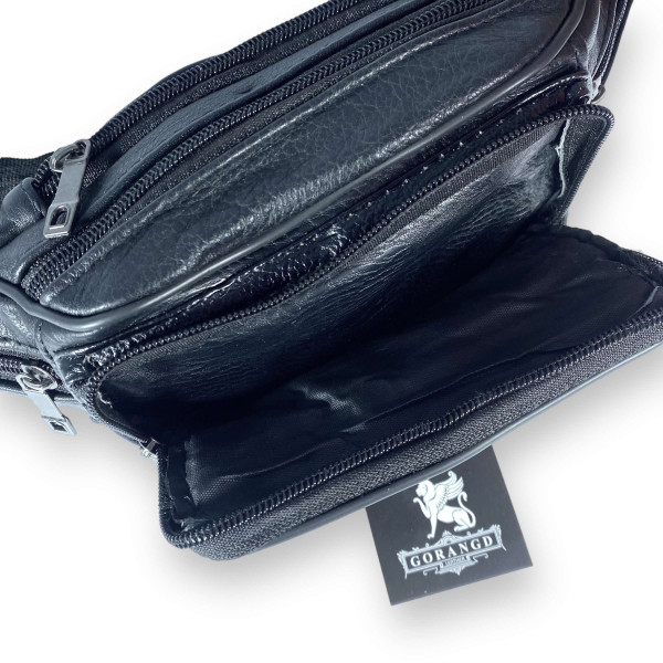 Кожаная сумка-бананка, одно отделение и 5 фронтальных карманов, черная Кожаная сумка-бананка, одно отделение и 5 фронтальных карманов, черная