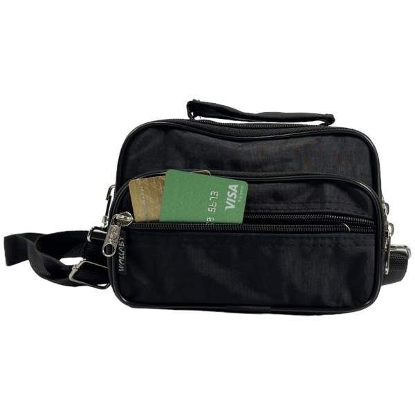 Текстильна сумка через плече українського виробника на три відділення, чорна Текстильна сумка через плече українського виробника на три відділення, чорна