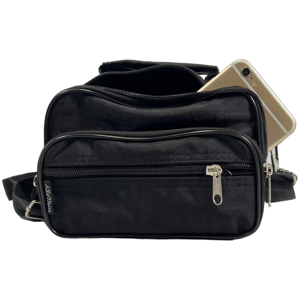 Текстильна сумка через плече українського виробника на три відділення, чорна Текстильна сумка через плече українського виробника на три відділення, чорна