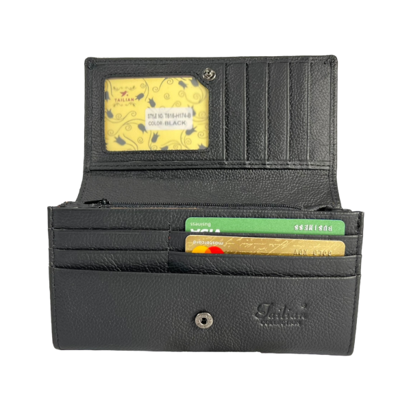 Жіночий гаманець з натуральної шкіри, чорний, з кнопковою застібкою Жіночий гаманець з натуральної шкіри, чорний, з кнопковою застібкою