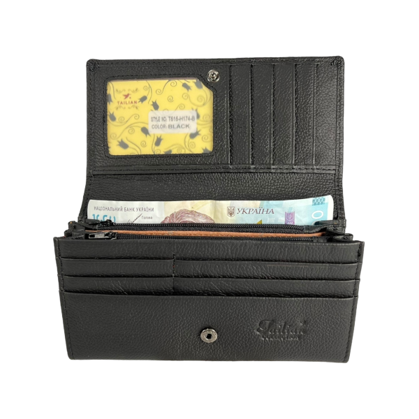 Жіночий гаманець з натуральної шкіри, чорний, з кнопковою застібкою Жіночий гаманець з натуральної шкіри, чорний, з кнопковою застібкою