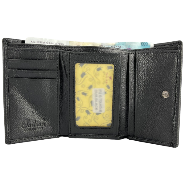 Кошелек кожаный, черный, с кнопочной застежкой, 3 отделения для купюр