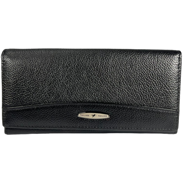 Жіночий гаманець з натуральної шкіри, чорного кольору, з кнопковою застібкою