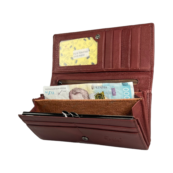Стильный кошелек кожаный, красный, с кнопочной застежкой, 9 отделений для купюр Стильный кошелек кожаный, красный, с кнопочной застежкой, 9 отделений для купюр