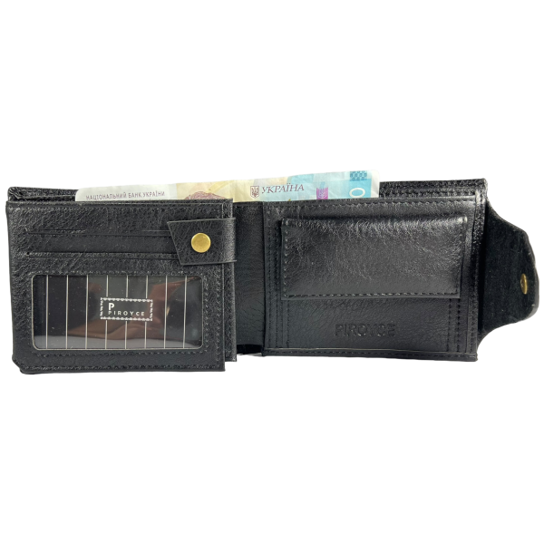 Мужской кошелек черного цвета с экокожи, застежка на кнопке Мужской кошелек черного цвета с экокожи, застежка на кнопке