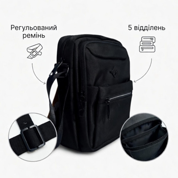 Сумка через плече Gorangd, чорний Cordura, 5 відділень, регульований ремінь, 4 л