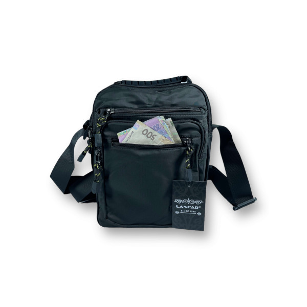 Вместительная сумка через плечо, 2 отделения, 3 кармана на лицевой стороне, черная Вместительная сумка через плечо, 2 отделения, 3 кармана на лицевой стороне, черная