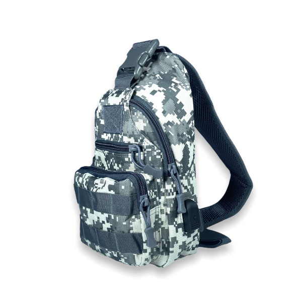 Сумка-слинг через плечо, два отдела, фронтальные карманы, USB-слот, серый пиксель