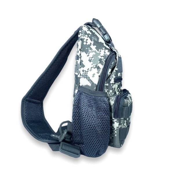 Сумка-слинг через плечо, два отдела, фронтальные карманы, USB-слот, серый пиксель