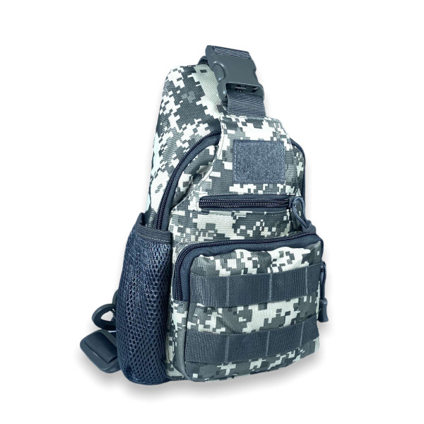 Сумка-слинг через плечо, два отдела, фронтальные карманы, USB-слот, серый пиксель