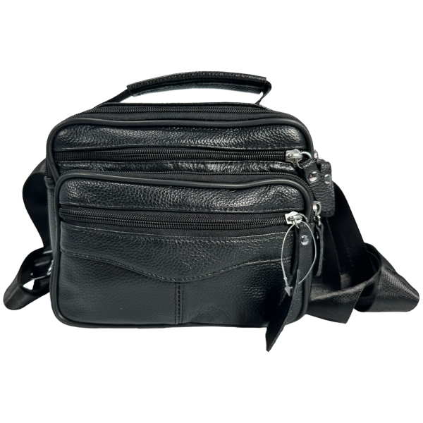Кожаная сумка через плечо на пять отделений черного цвета