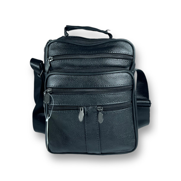 Сумка через плечо, кожа, два отделения, пять фронтальных карманов, черная