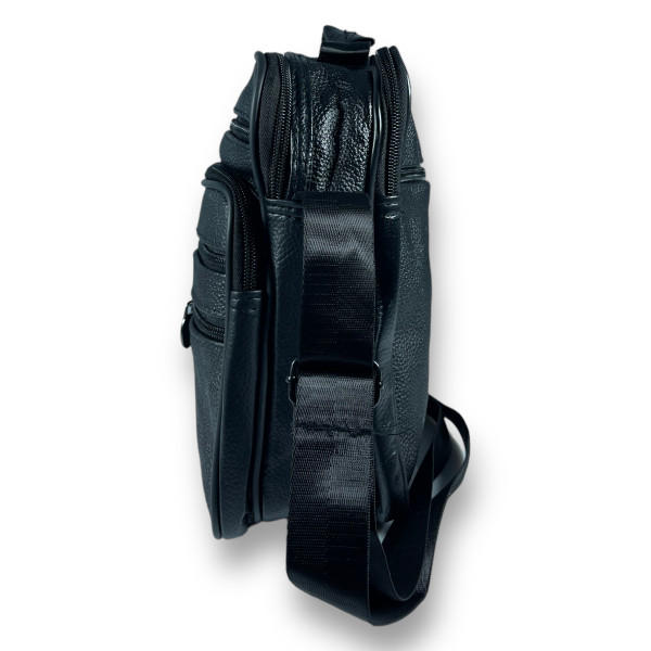 Сумка через плечо, кожа, два отделения, пять фронтальных карманов, черная Сумка через плечо, кожа, два отделения, пять фронтальных карманов, черная