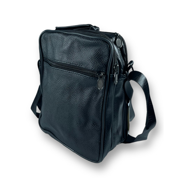 Сумка через плечо, кожа, два отделения, пять фронтальных карманов, черная Сумка через плечо, кожа, два отделения, пять фронтальных карманов, черная