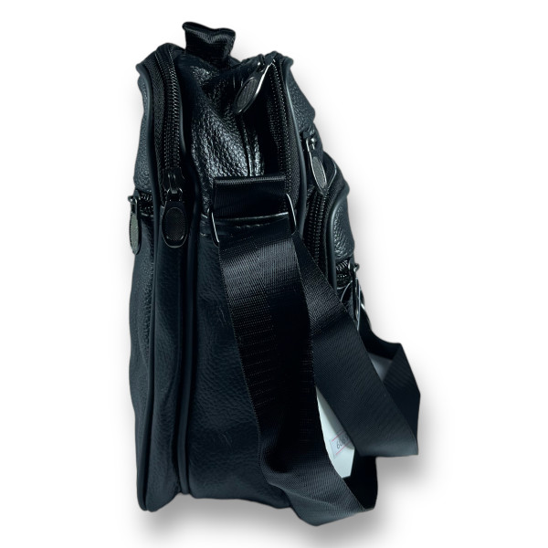 Сумка через плечо, кожа, два отделения, пять фронтальных карманов, черная Сумка через плечо, кожа, два отделения, пять фронтальных карманов, черная