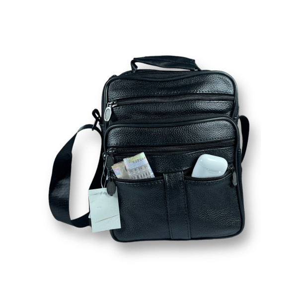 Сумка через плечо, кожа, два отделения, пять фронтальных карманов, черная Сумка через плечо, кожа, два отделения, пять фронтальных карманов, черная