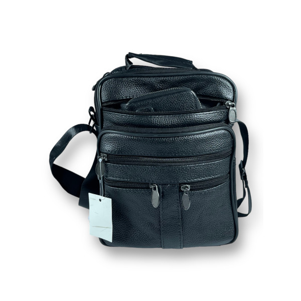 Сумка через плечо, кожа, два отделения, пять фронтальных карманов, черная Сумка через плечо, кожа, два отделения, пять фронтальных карманов, черная