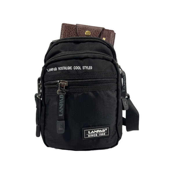 Сумка – барсетка через плечо из текстиля на три отделения, черная