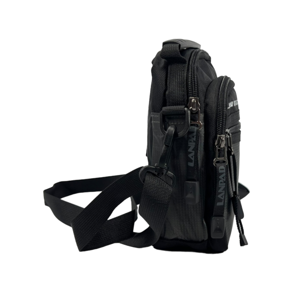 Сумка-барсетка через плечо из текстиля, три отделения, серая Сумка-барсетка через плечо из текстиля, три отделения, серая