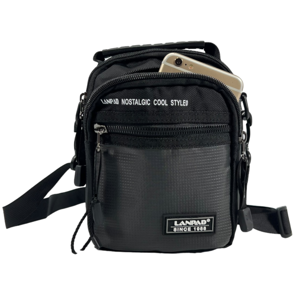 Сумка-барсетка через плечо из текстиля, три отделения, серая Сумка-барсетка через плечо из текстиля, три отделения, серая