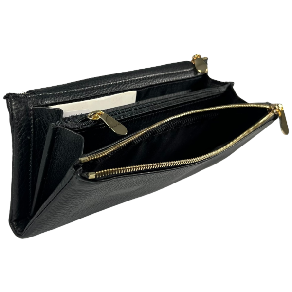 Женский кошелек элегантный кожаный, черный, с застежкой на молнии, монетница, 4 отделения для купюр Женский кошелек элегантный кожаный, черный, с застежкой на молнии, монетница, 4 отделения для купюр