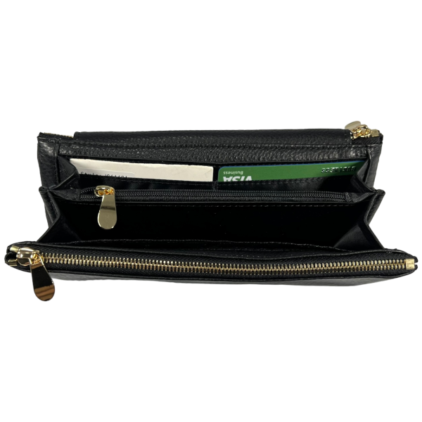 Женский кошелек элегантный кожаный, черный, с застежкой на молнии, монетница, 4 отделения для купюр Женский кошелек элегантный кожаный, черный, с застежкой на молнии, монетница, 4 отделения для купюр