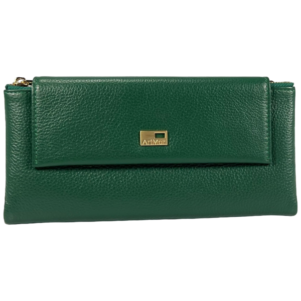 Кошелек кожаный, зеленый, с застежкой на молнии, монетница, 4 отделения для купюр