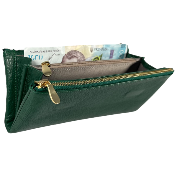 Кошелек кожаный, зеленый, с застежкой на молнии, монетница, 4 отделения для купюр Кошелек кожаный, зеленый, с застежкой на молнии, монетница, 4 отделения для купюр