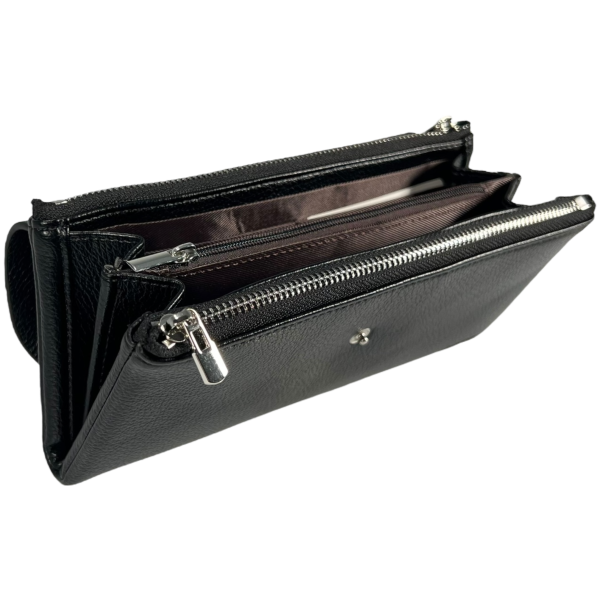 Женский кошелек из экокожи, черный, два выделения для купюр на молнии Женский кошелек из экокожи, черный, два выделения для купюр на молнии