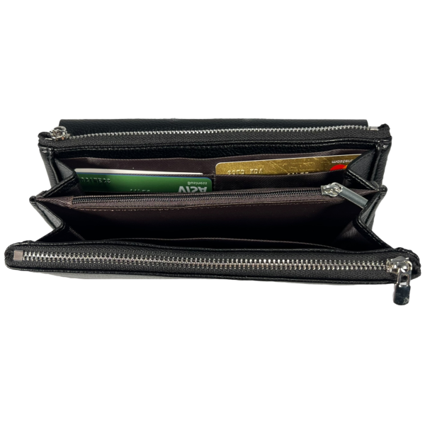 Женский кошелек из экокожи, черный, два выделения для купюр на молнии Женский кошелек из экокожи, черный, два выделения для купюр на молнии