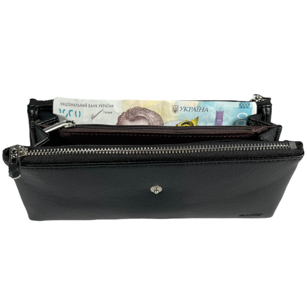 Женский кошелек из экокожи, черный, два выделения для купюр на молнии Женский кошелек из экокожи, черный, два выделения для купюр на молнии
