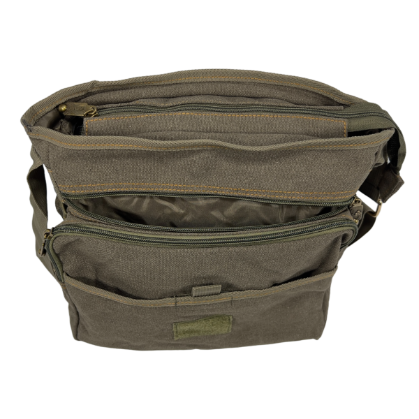 Крепкая брезентовая сумка через плечо на шесть отделений защитного цвета хаки Крепкая брезентовая сумка через плечо на шесть отделений защитного цвета хаки