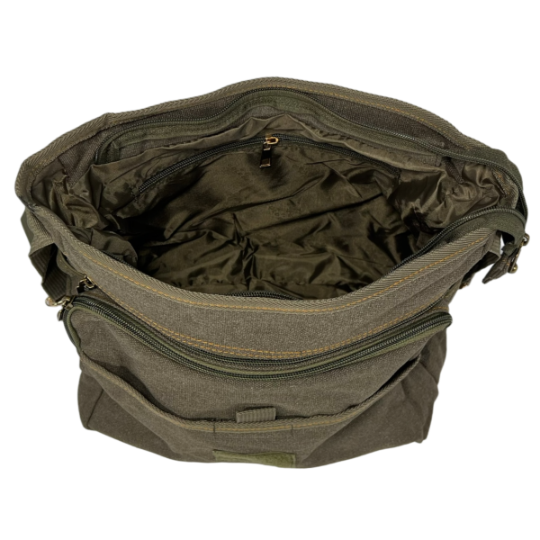 Крепкая брезентовая сумка через плечо на шесть отделений защитного цвета хаки Крепкая брезентовая сумка через плечо на шесть отделений защитного цвета хаки