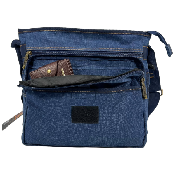 Сумка через плече, брезентова, шість відділень, застібка блискавка та липучка, синя