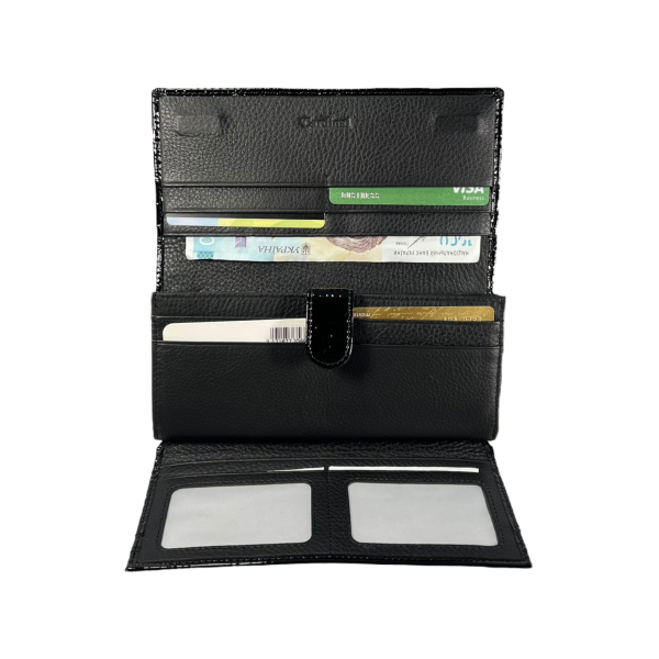 Кошелек из натуральной кожи, черный, с кнопочной застежкой, 4 отделения для купюр Кошелек из натуральной кожи, черный, с кнопочной застежкой, 4 отделения для купюр