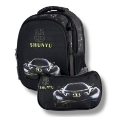 Чорний шкільний рюкзак для хлопчиків з принтом Машина, водонепроникний, пенал у комплекті