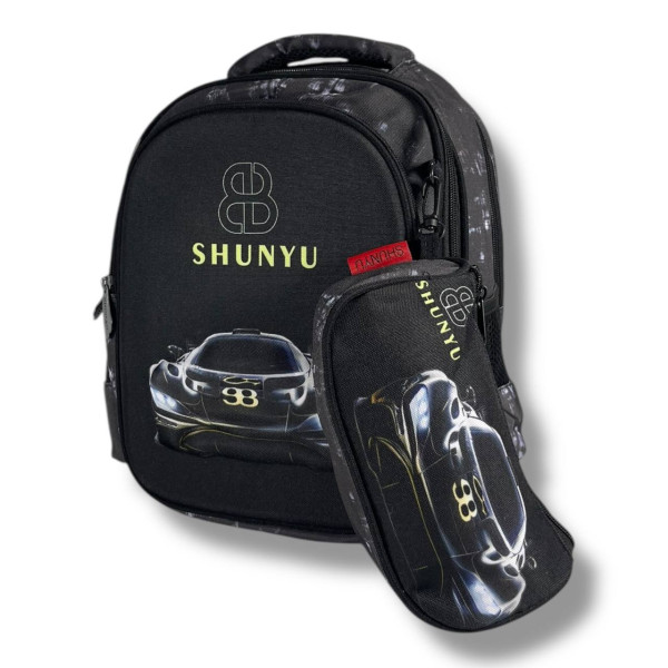 Черный школьный рюкзак для мальчиков с принтом Машина, водонепроницаемый, пенал в комплекте Черный школьный рюкзак для мальчиков с принтом Машина, водонепроницаемый, пенал в комплекте