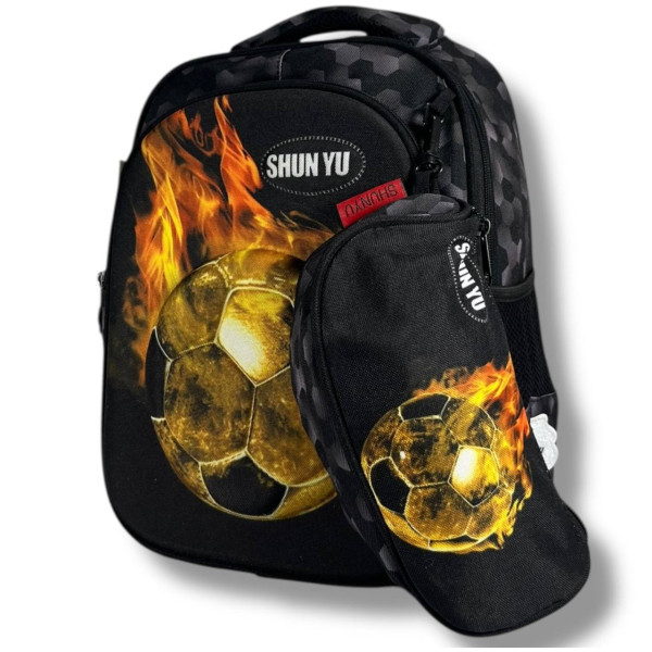 Черный рюкзак для мальчиков с принтом Мяч, водонепроницаемый, пенал в комплекте Черный рюкзак для мальчиков с принтом Мяч, водонепроницаемый, пенал в комплекте