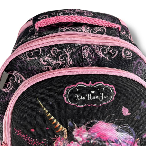 Шкільний рюкзак для дівчаток 6-9 років, чорний, місткий та легкий, принт Єдиноріг, 20 л