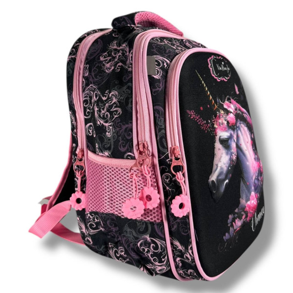 Шкільний рюкзак для дівчаток 6-9 років, чорний, місткий та легкий, принт Єдиноріг, 20 л