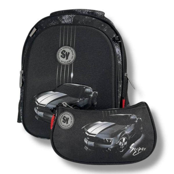 Школьный рюкзак для мальчиков 1-4 классов, пенал в комплекте, вместительный и легкий, принт Машинка, 20 л