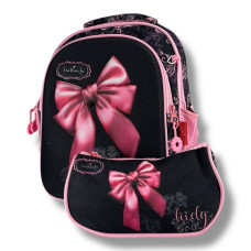 Школьный рюкзак для девочек 6-9 лет, серый, емкий и легкий, принт Бантик, 20 л