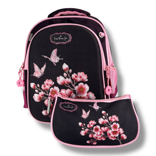 Школьный рюкзак для девочек 6-9 лет, серый, емкий и легкий, принт Сакура, 20 л