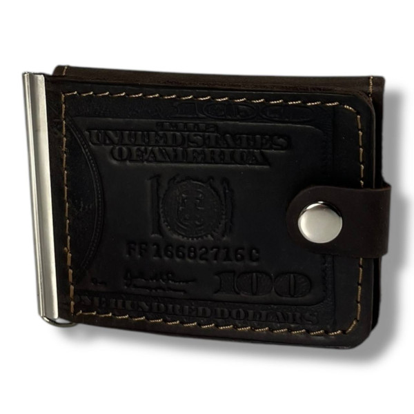 Гаманець затискач для купюр BagWay, екошкіра, темно-коричневий з тисненням